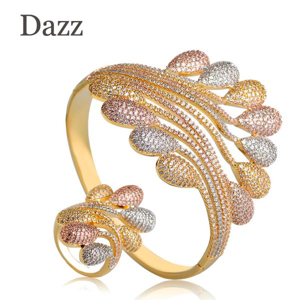 

dazz shiny cubic zirconia jewelry sets women wide feather geometry three tones color bracelet bangle and ring set, Silver
