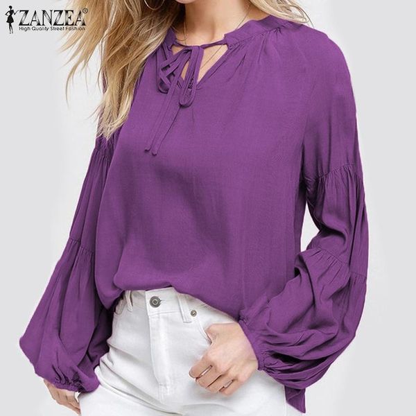

women's blouse 2020 zanzea fashion lantern sleeve shirts summer autumn v neck blusas female casual work chemise plus size tunic, White