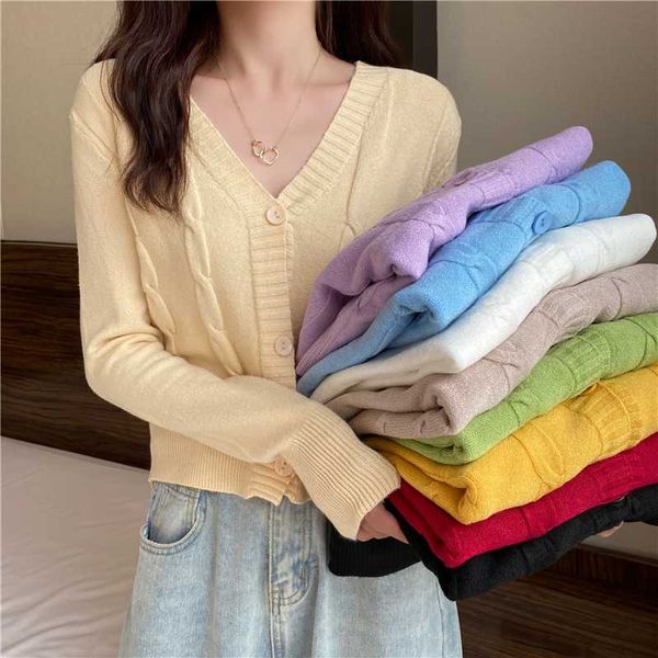 

new autumn and winter 2020, korean v-neck twist knitted cardigan, solid color short long sleeve jacket sweater coat, White