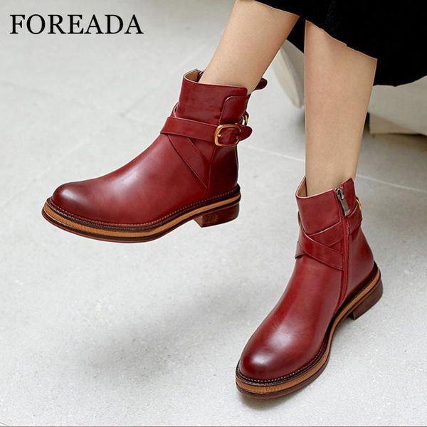 

foreada real leather ankle boots med heel woman boots buckle chunky heel short zipper female shoes autumn winter wine red, Black
