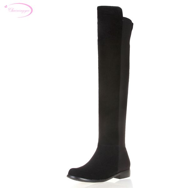 

boots chainingyee handmade quality custom leather knee high sheepskin stretch metal decorative buckle women's riding, Black