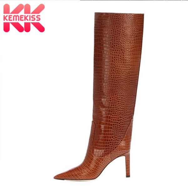 

boots kemekiss knee high for women plus size 33-48 brand slip on shoes club pointed toe thin heels female footwear, Black