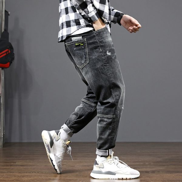 

fashion streetwear men jeans loose fit spliced designer denim cargo pants hombre japanese vintage hip hop jeans men harem pants, Blue