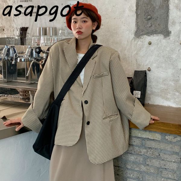 

asapgot korean autumn chic loose oversize plaid blazer coat casual slim retro high waist khaki skirt fashion suit skirt set, White