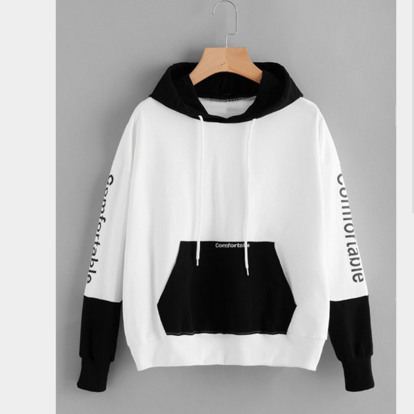 

black and white contrast color pocket sleeves letter print hooded long-sleeved pullover sweater