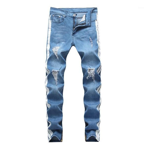 

trousers mens designer jeans ripped distressed long light blue striped jean pants fashion