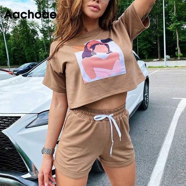 

aachoae summer casual printed tshirt suit women batwing short sleeve sports short +solid shorts tracksuit set ensemble femme, Gray