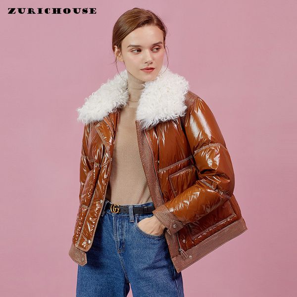 

women's down & parkas zurichouse winter jacket women short warm parka 2021 fashion glossy real lambswool fur collar coat, Black