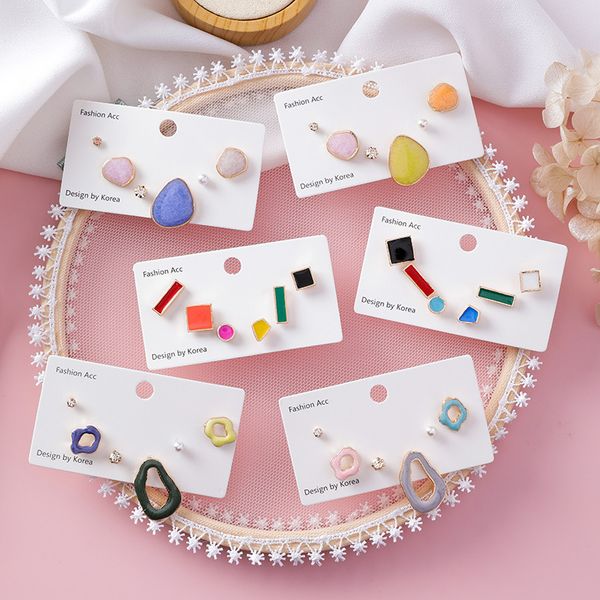 

6-piece korean cute candy color geometric irregular drop glazed earrings geometric shaped fashion earrings for women, Golden;silver