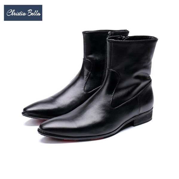 

boots christia bella winter autumn designer men genuine leather ankle large size pointed toe short british cowboy boot, Black