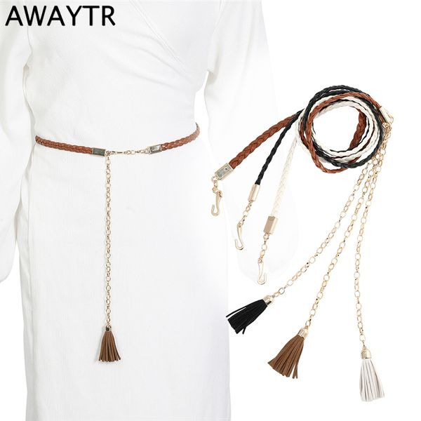 

awaytr faux leather belt braided rope tassel pendant metal chain adjustable female belt country style with shirt bohemian dress, Black;brown