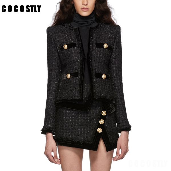 

women's jackets fashion luxury women coats short european design gold button o-neck black tweed jacket clothing, Black;brown