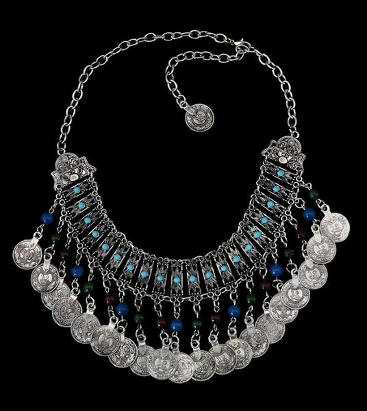 

earrings & necklace gypsy classic chic coin collares jewelry sets long tassel resin bead turkish bohemian maxi collier for women, Silver