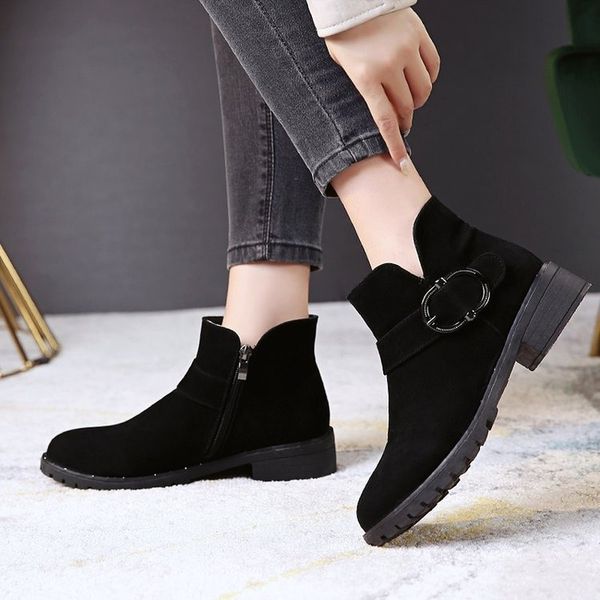 

women's ankle boots 2020 new autumn winter zipper short boots with buckle casual leather british wind women's autumn, Black