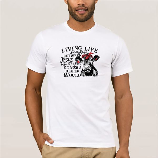 

fashion mens short sleeve t shirt brand men cow living life somewhere between jesus take the wheel shirt for mans