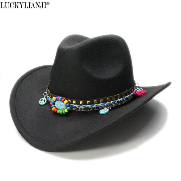 

luckylianji women's men's unisex's wool felt cowboy cowgirl western wide brim bowler hat peace sign turquoise braid band (57c, Blue;gray