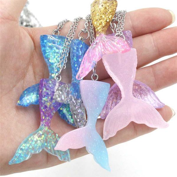 

fashion gardient color necklace beauty mermaid fish tail pendant chain necklace gift mermaid tail, Silver