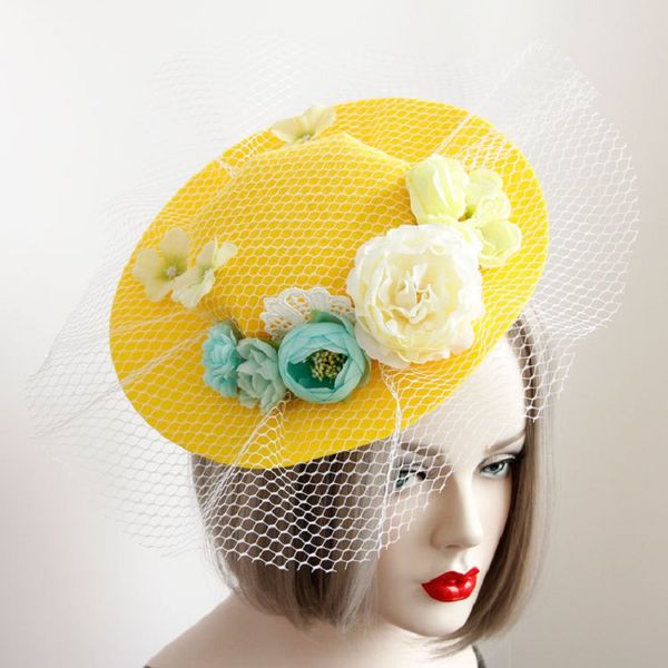 

party hats 1pcs flower mesh hat yellow lace ball wedding cap halloween christmas year supplies