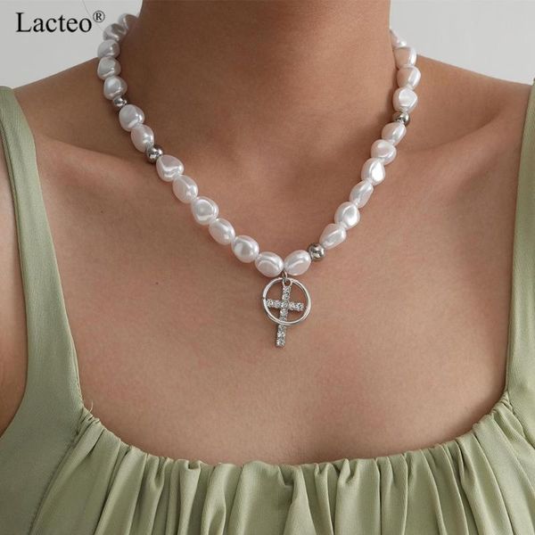

lacteo punk shiny rhinestone cross round circle pendant necklace hip hop imitation pearl chain choker necklace jewelry for women, Silver