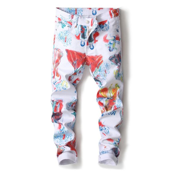 

fashion brand european american nightclub style men's slim pants slim jeans luxury trousers zipper white print pants jeans, Blue