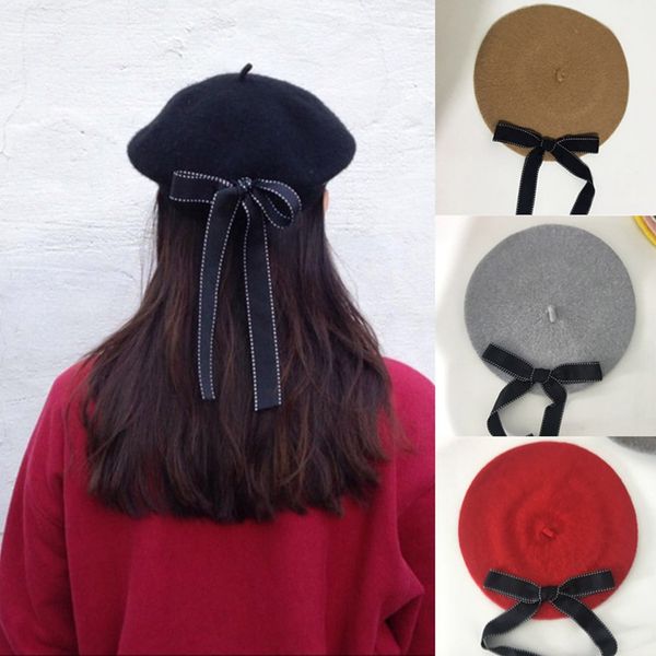 

berets women lolita cap winter warm painter hat casual elegant french artist beanie hats wool blend beret girls fashion bow caps, Blue;gray