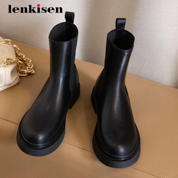 

lenkisen stretch boots natural leather streetwear modern thick med heel round toe slip on beauty lady gorgeous ankle boots l28, Black