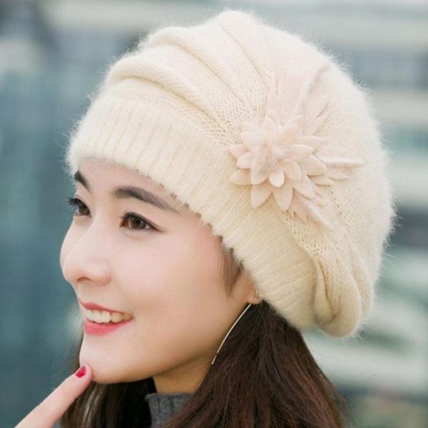 

flower beret hat fur crochet warm women ski cap winter new wool beanie, Blue;gray