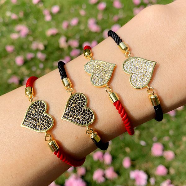 

gold filled black rope bracelets for women cubic zirconia heart bracelets adjustable black string fashion jewelry brtc03, Golden;silver