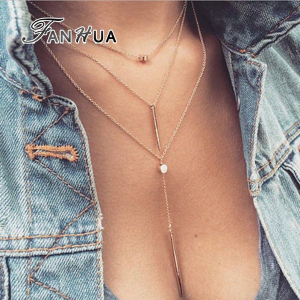 

fanhua gold-color silver color link chain multilayer chain necklace geometric pendant necklace collier femme