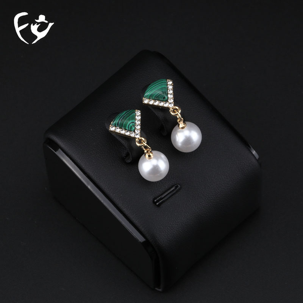 

stud women's micro malachite fan shaped earrings imitation pearl pendant accessories, Golden;silver