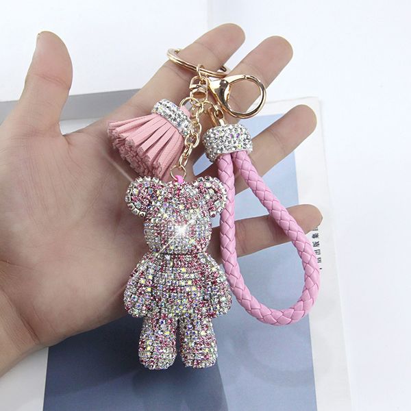 

leather tassel bomgom bears keychains handmade all rhinestones cute gloomy bear key ring men woman car key chains bag pendant, Silver