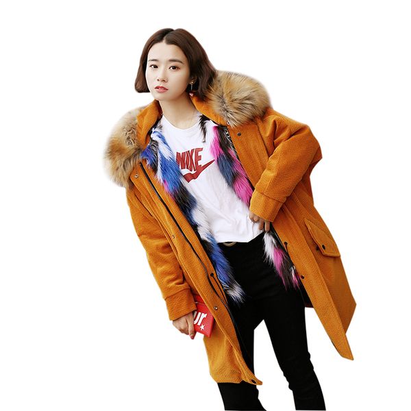 

women's fur & faux parka coat women hooded cotton 2021 winter detachable long woman warm jacket ljj021, Black