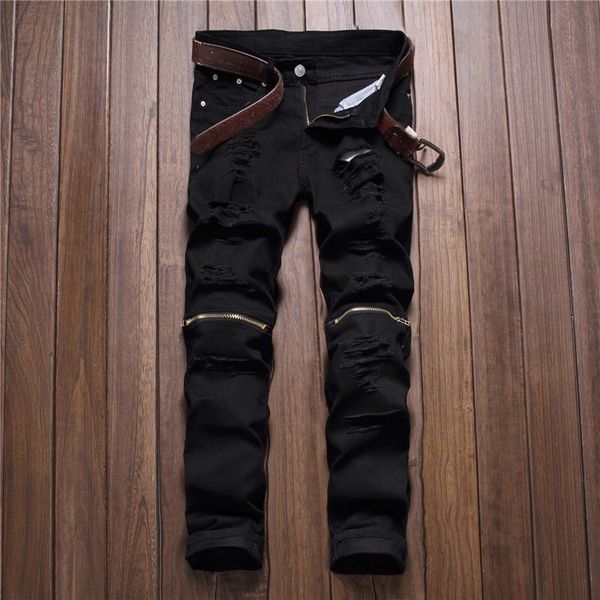 

ripped zipper jeans long new men jeans slim fit zipper stretch trousers trend hole destroyed casual male plus size, Blue
