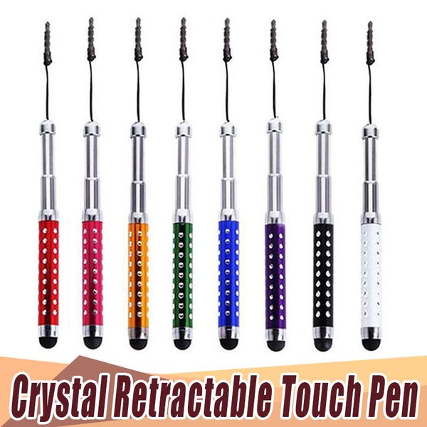 Penna touch capacitiva flessibile con stilo retrattile in cristallo per Iphone Samsung Galaxy S3 S4 Note 2 3 con spina antipolvere 1000 pz / lotto