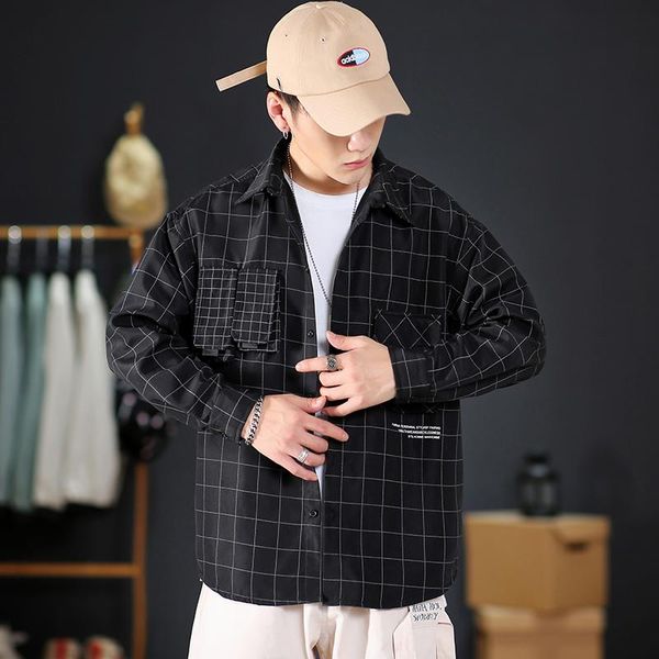 

white black korean clothes casual brand oversize plaid shirt men long sleeve loose for spring autumn kg-655
