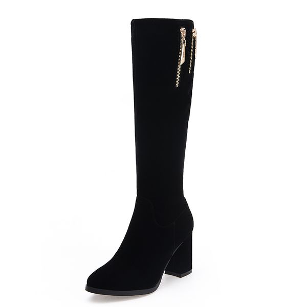 

women knee high boots high heels zipper winter boots women shoes suede metal decoration elegant size 34-43, Black