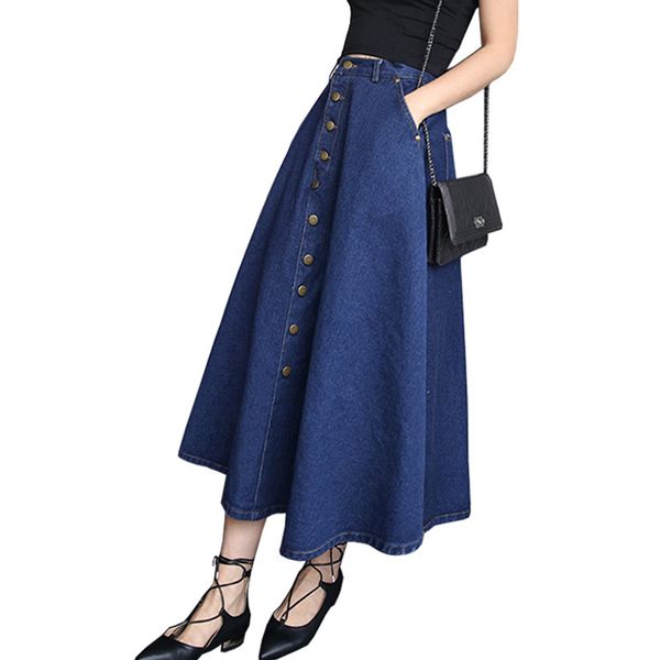 

elegant women's single-breasted long denim skirt high waist plus size thin a line maxi jean pleated full, Black
