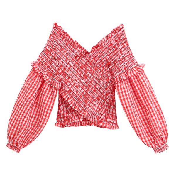 

2020 Englan Style Women red plaid elastic short smock blouse shirts women lantern sleeve agaric lace slim femininas tops LS6436