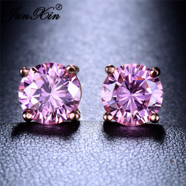 

stud junxin cute pink earrings for women white gold/rose gold filled round zircon female wedding studs crystal, Golden;silver