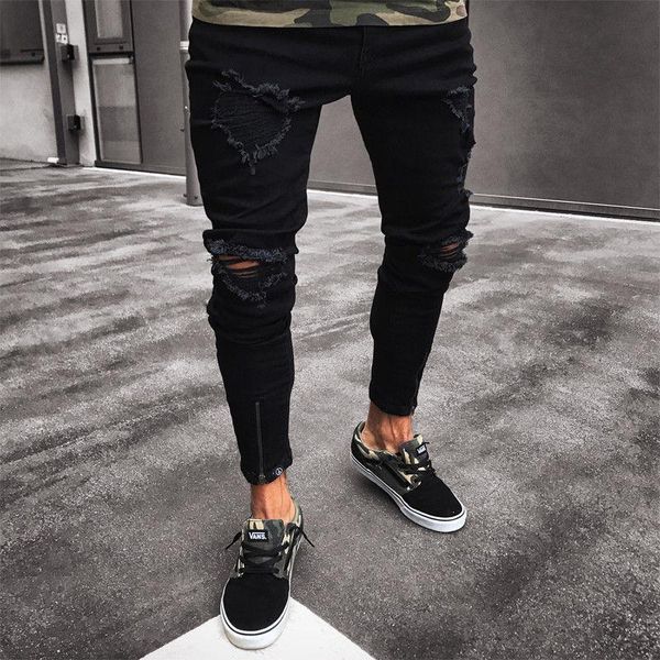 

Mens Cool Brand Black Jeans Skinny Ripped Destroyed Stretch Slim Fit Hop Hop Pants With Holes For Men
