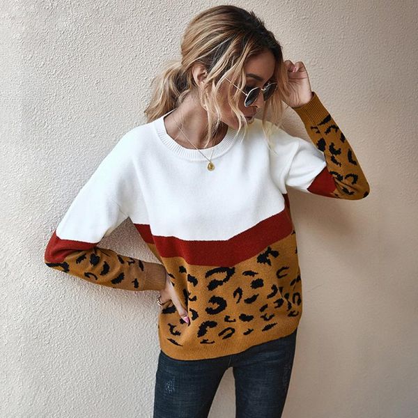 

women's sweaters sweater women leopard patchwork autumn winter ladies long sleeve jumper pullover brown fashion womens clothing 2021, White;black
