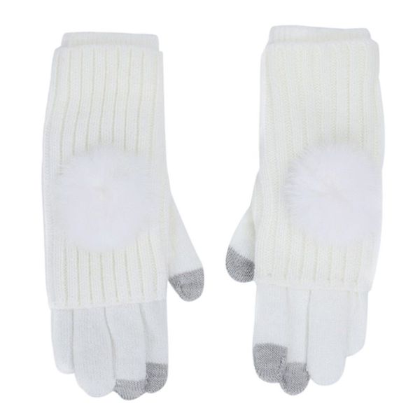 

women 2in1 winter warm fingerless full finger knitted gloves mittens with pompom, Blue;gray