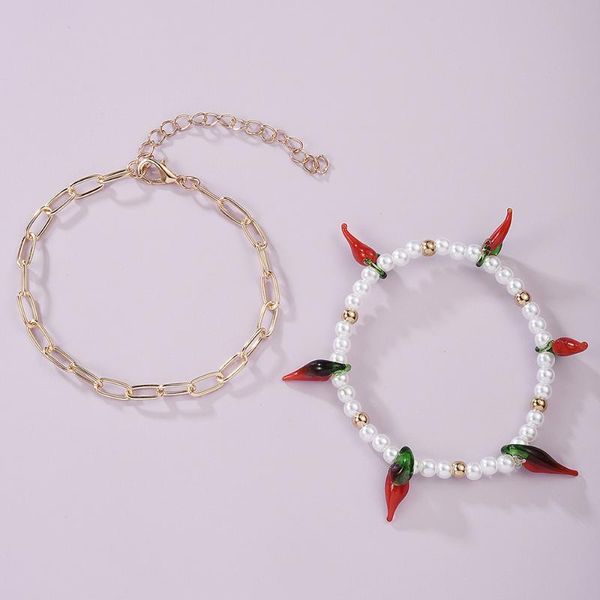 

lalynnly 2 pcs/set red chili bracelet pearls chain bracelets gold color link chain bangle for women girls fashion accessories, Golden;silver