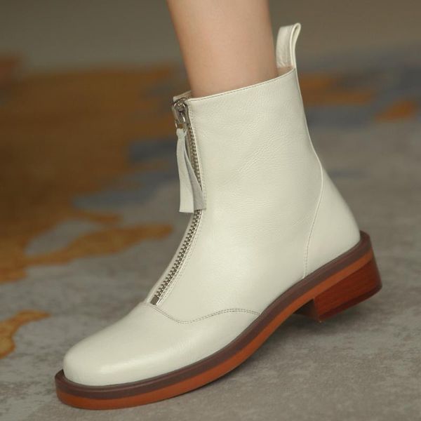 

women's genuine leathere front zip flats autumn ankle boots round toe casual comfortable short booties punk shoes, Black