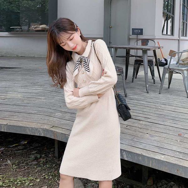 

casual dresses han edition dress spot ~ winter scene shooting small lapel long waist pure color knitted, Black;gray