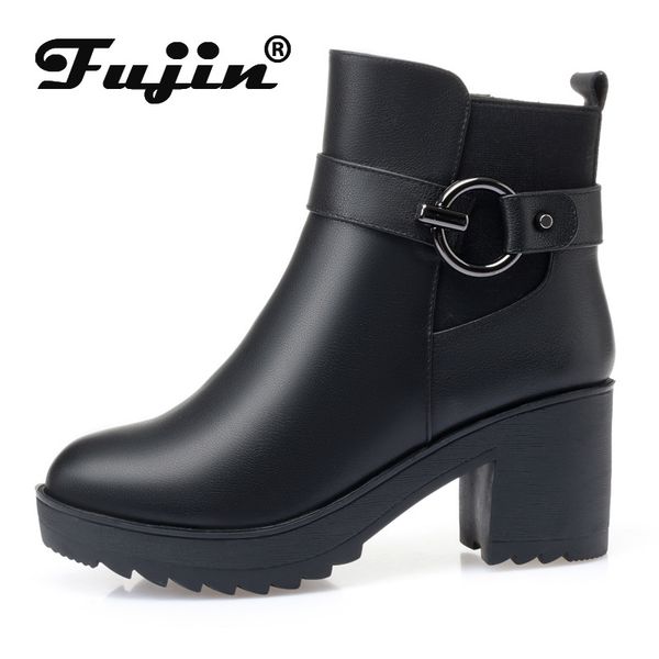 

fujin leather boots high heeled ankle boots 2020 women's mom shoes plus velvet warm shoes for autumn winter buckle women's, Black