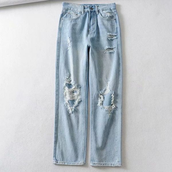 

elegant ripped jeans for women baggy straight leg jeans denim plus size boyfriend womens, Blue