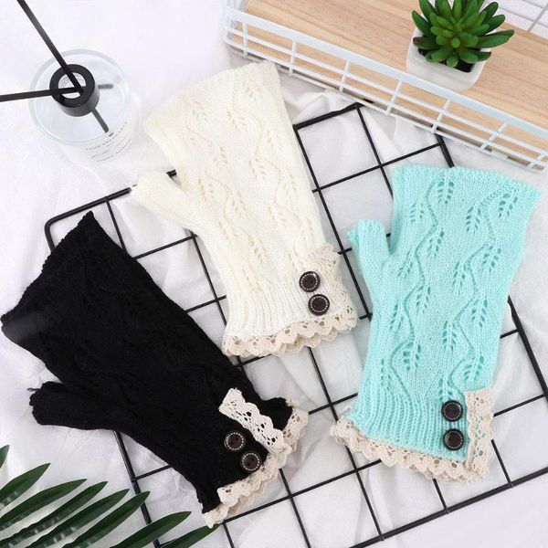 

women fashion christmas half finger gloves warm knitted wool gloves leaves shape hollow button lace fingerless mittens 1 pair, Blue;gray