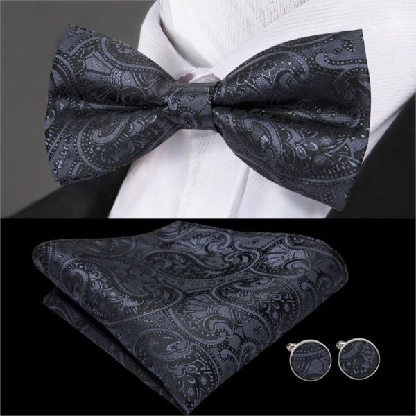 

barry.wang silk bowtie for men black butterfly tie paisley bow set handkerchief cufflinks pre-tied bowtie for wedding business, Black;gray