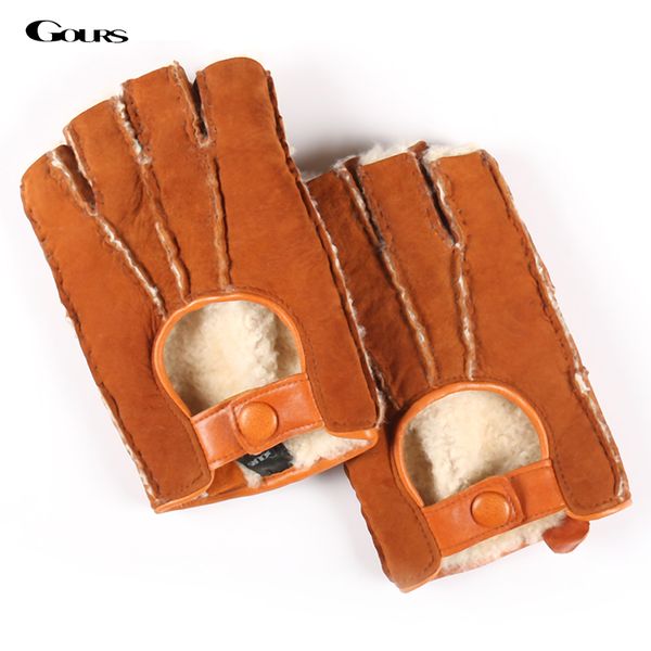 

five fingers gloves gours fall winter women genuine leather black brown with fur half-finger double face goatskin warm gsl014, Blue;gray